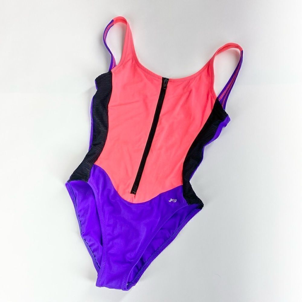 Vintage Jag color block high thigh zip front swim suit 10